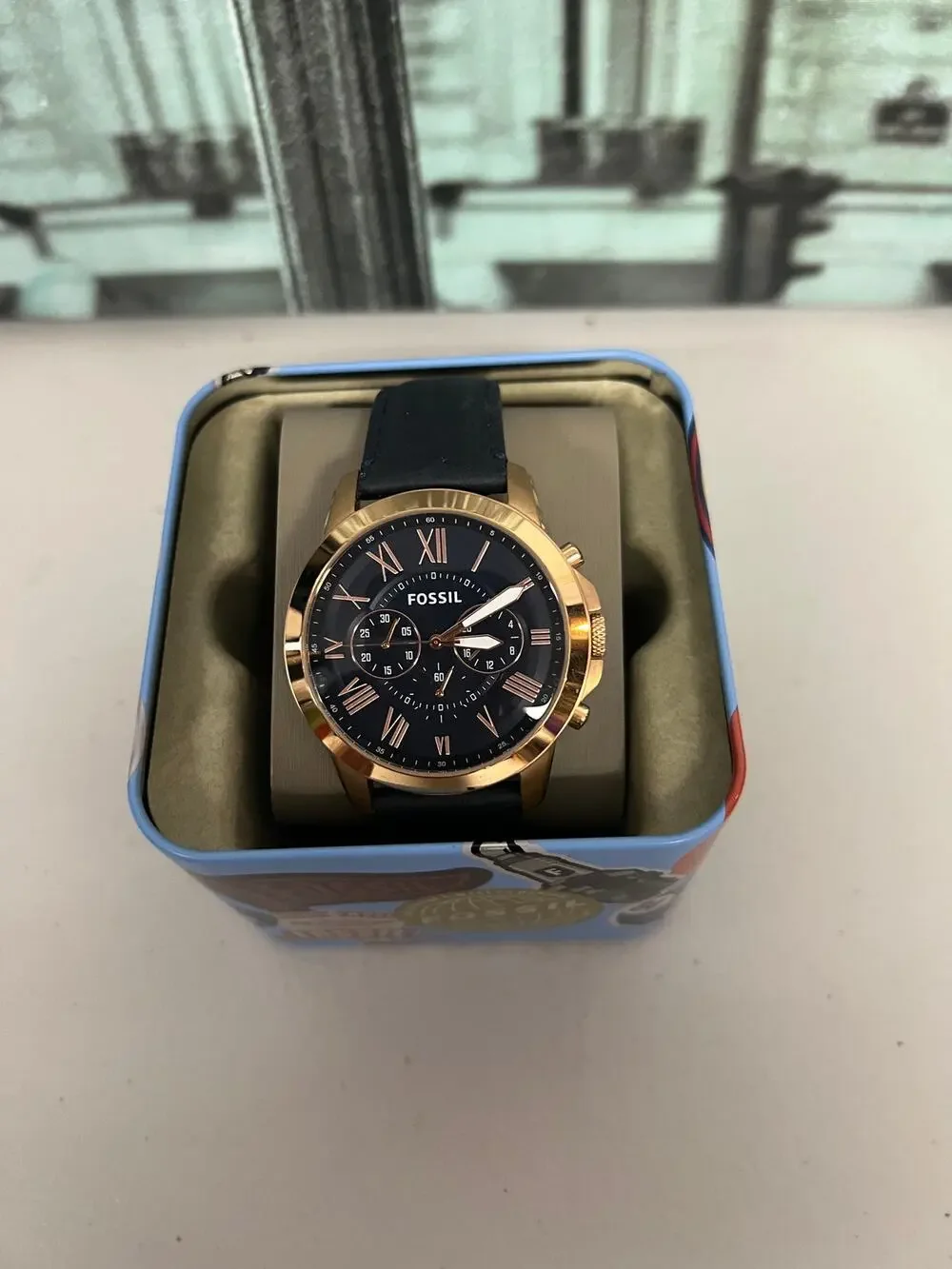Fossil Grant FS4835 Rose Gold Chronograph Navy Leather Watch NWT